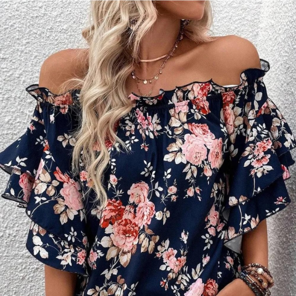 Blue Ruffle Off Shoulder Flounce Sleeve Floral Blouse
